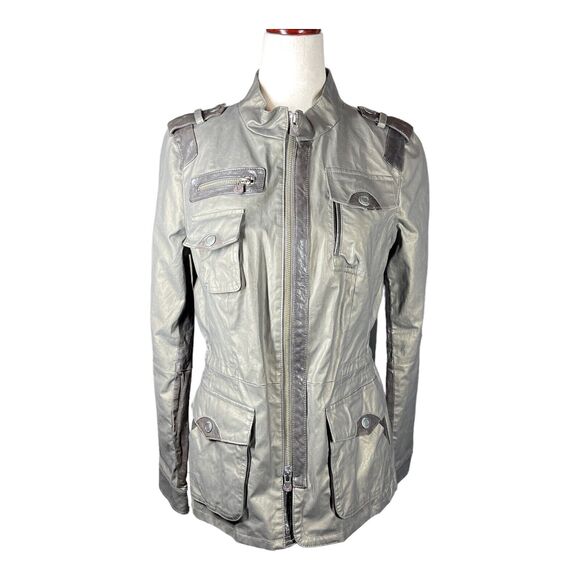 Vince Army Green Gray Waxed Cotton Leather Trim Utility Jacket Size Sm Epaulette - Picture 2 of 14